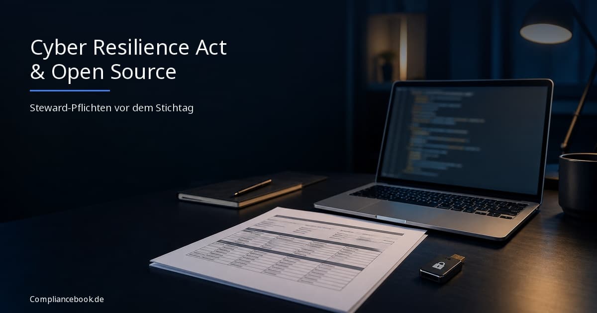 Cyber Resilience Act und Open Source: Laptop mit Programmcode und Dokumenten als Symbolbild für Software-Compliance