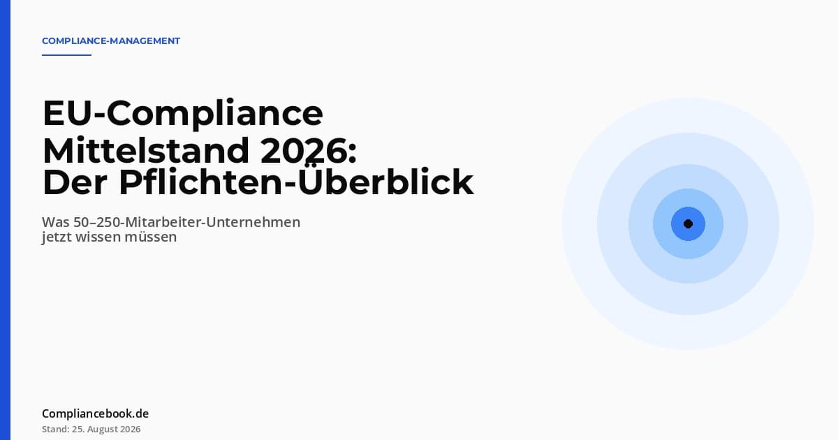 Editorial Hero: EU-Compliance Mittelstand 2026 – konzentrische Kreise als Symbol für die sieben Pflicht-Domänen mittelständischer Unternehmen