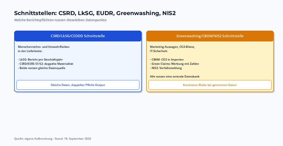 Schnittstellen-Vergleich: CSRD, LkSG/CSDDD, EUDR, Greenwashing – zwei Spalten mit Pflicht-Überschneidungen (Daten, Lieferkette, Kommunikation) je Bereich