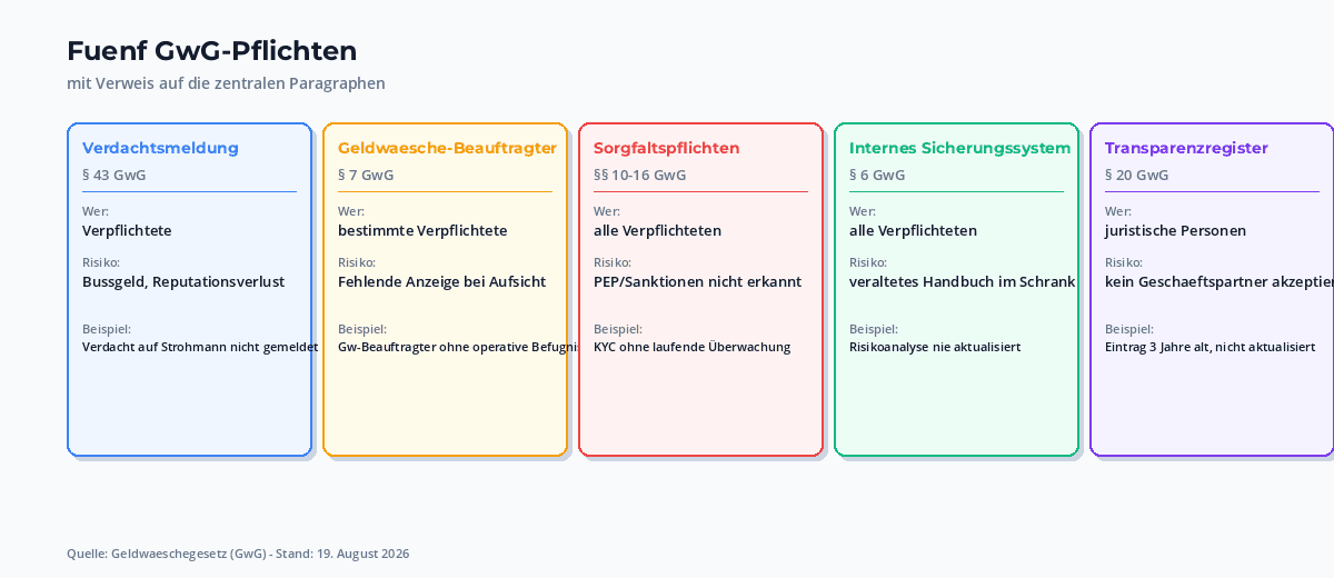 Uebersicht der GwG-Pflichten: Verdachtsmeldung, Geldwaesche-Beauftragter, Sorgfaltspflichten, internes Sicherungssystem, Transparenzregister, Schulungen