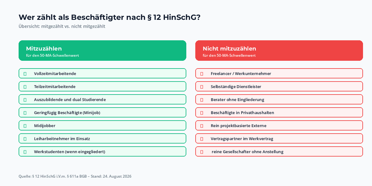 Übersicht: Wer zählt als Beschäftigter nach § 12 HinSchG – mitgezählte Personengruppen und nicht mitgezählte Selbständige