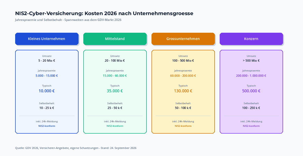 NIS2-Cyber-Versicherung Kosten 2026: vier Spalten für kleine Unternehmen, Mittelstand, Großunternehmen und Konzern – jeweils mit Umsatzspanne, Jahresprämie-Spanne, typischer Prämie und Selbstbehalt