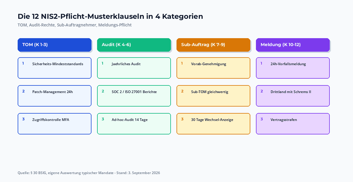 Übersicht der 12 NIS2-Pflicht-Musterklauseln in vier Kategorien: TOM, Audit-Rechte, Sub-Auftragnehmer, Meldungs-Pflicht – mit Symbolen für Pflicht-vs-optional
