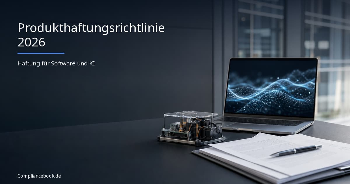 Produkthaftungsrichtlinie 2026: Laptop, Produktprototyp und Unterlagen als Symbolbild für Haftung bei Software und KI