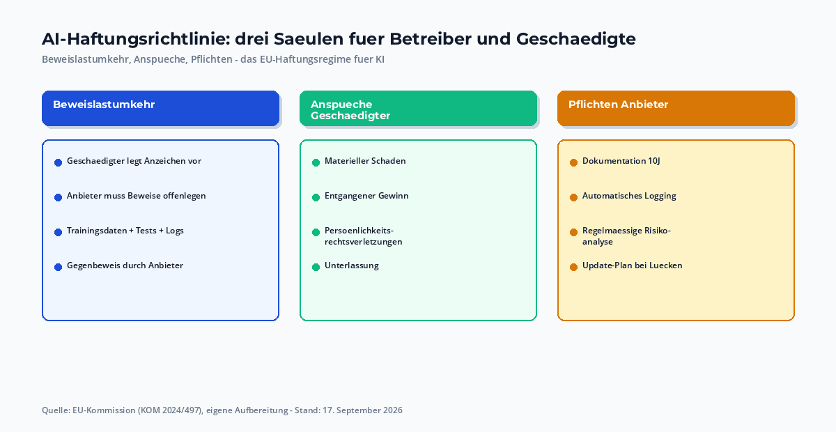 AI-Haftungsrichtlinie drei Säulen: Beweislastumkehr, Ansprüche Geschädigter, Pflichten Anbieter – mit den jeweiligen Auswirkungen auf KMU und Konzerne